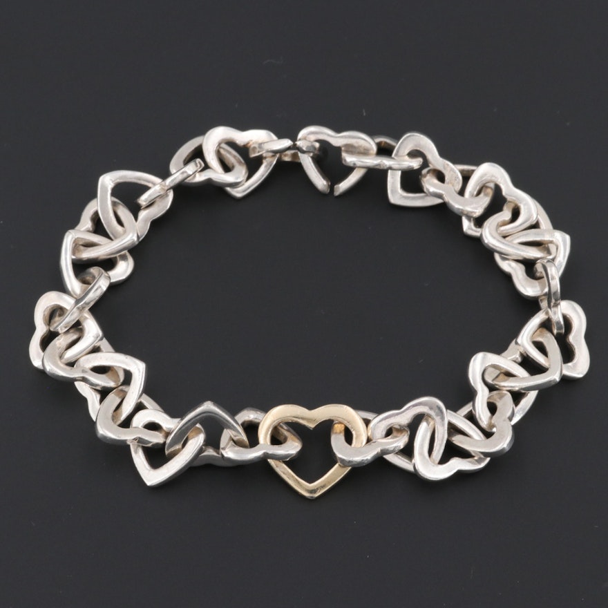 Sterling Silver Heart Link Bracelet with Gold Wash Accent