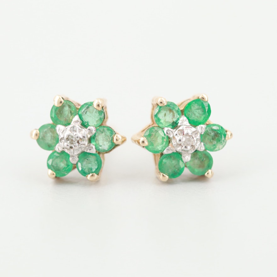 10K Yellow Gold Diamond and Emerald Earrings