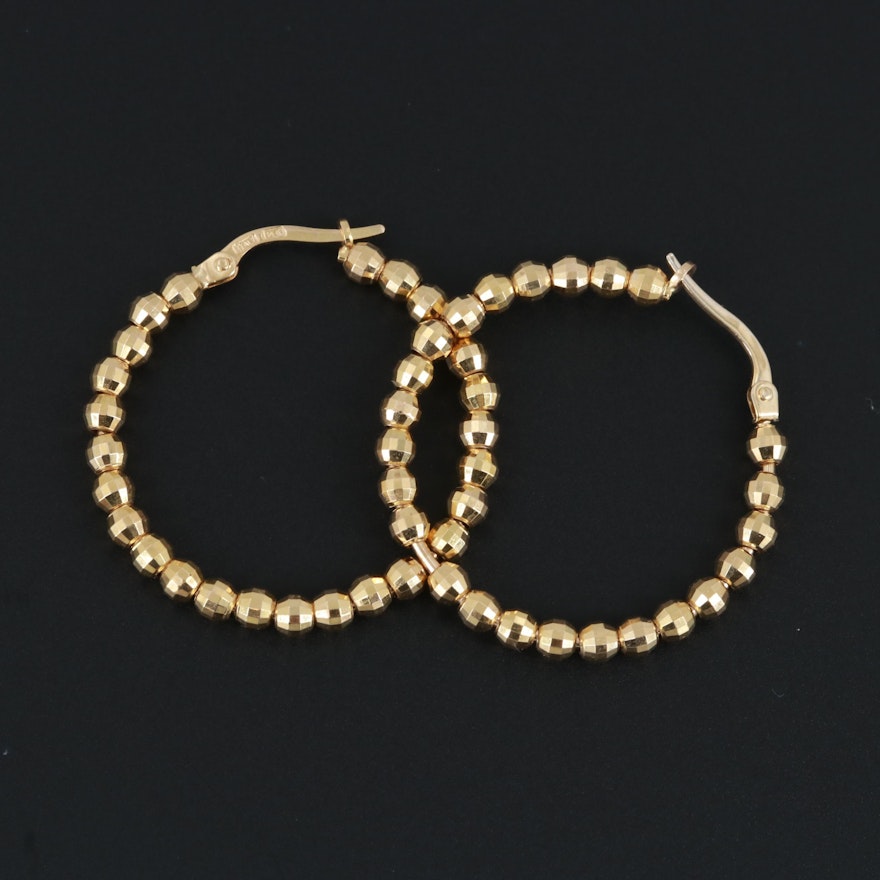 14K Yellow Gold Beaded Hoop Earrings