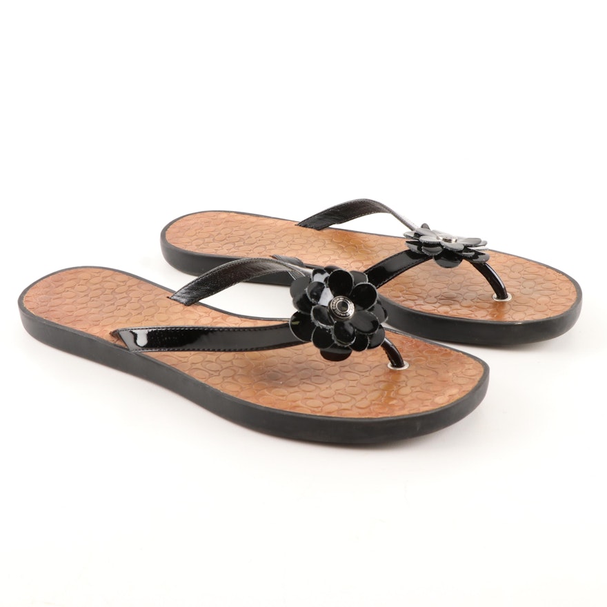 Coach Lindy Black Patent Leather Flip-Flop Thong Sandals