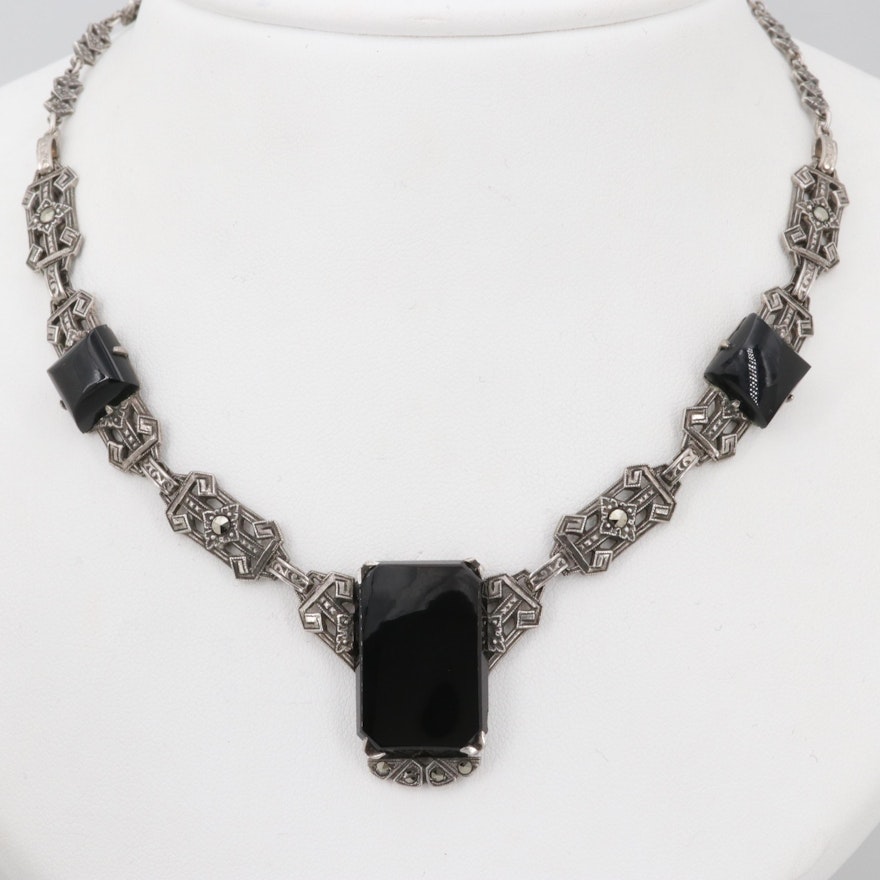 Art Deco Sterling Silver Black Onyx and Marcasite Necklace