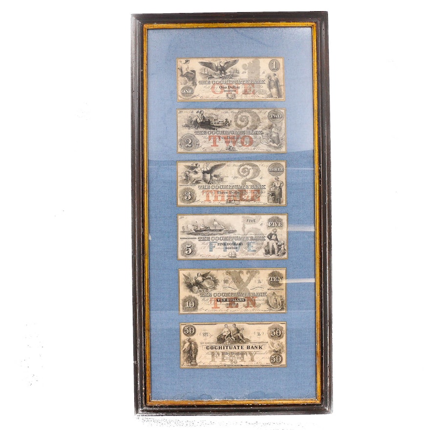 Framed Set of Six Obsolete Cochituate Bank Currency Notes from Boston, 1853