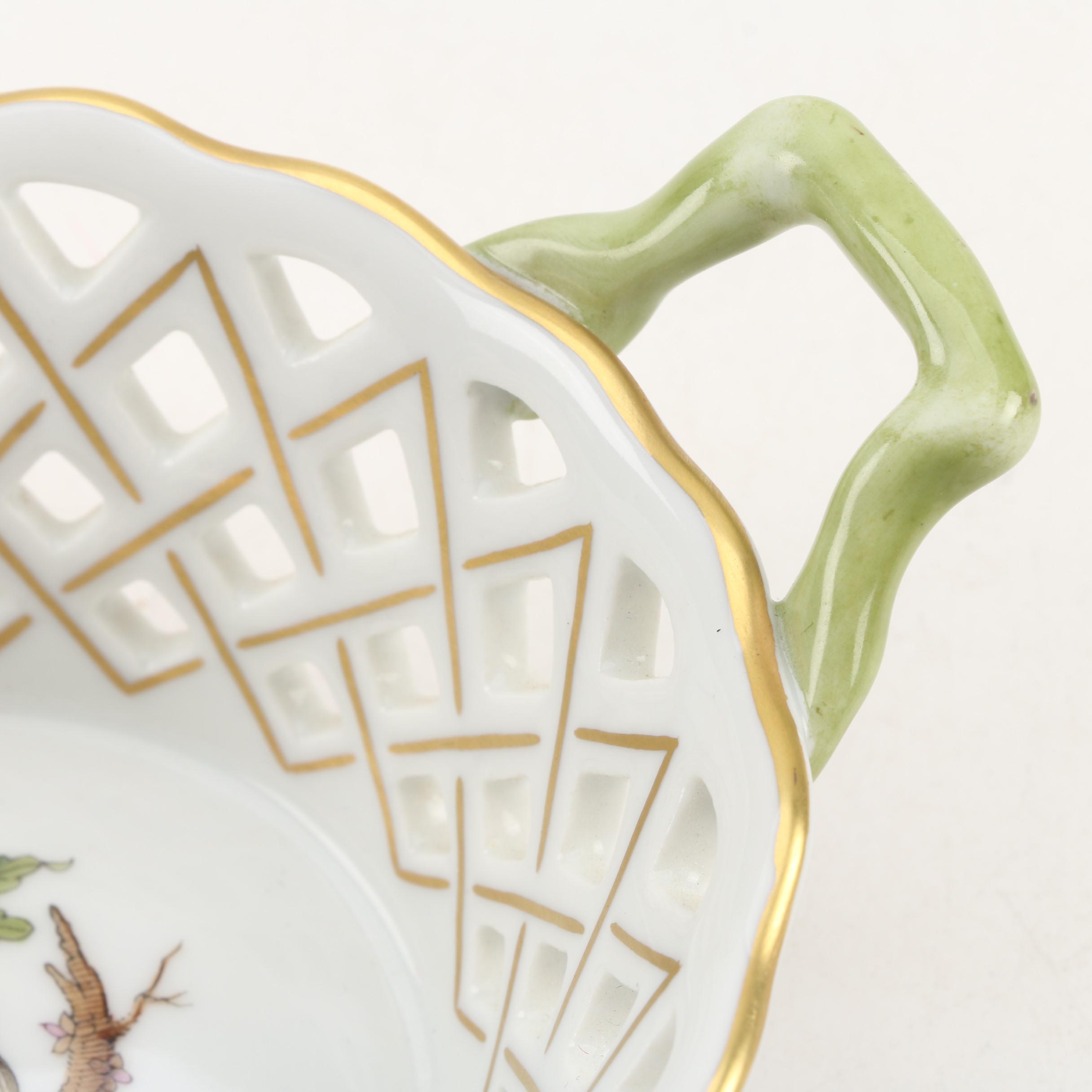 Herend "Rothschild Bird" Porcelain Round Open Weave Basket with Handles