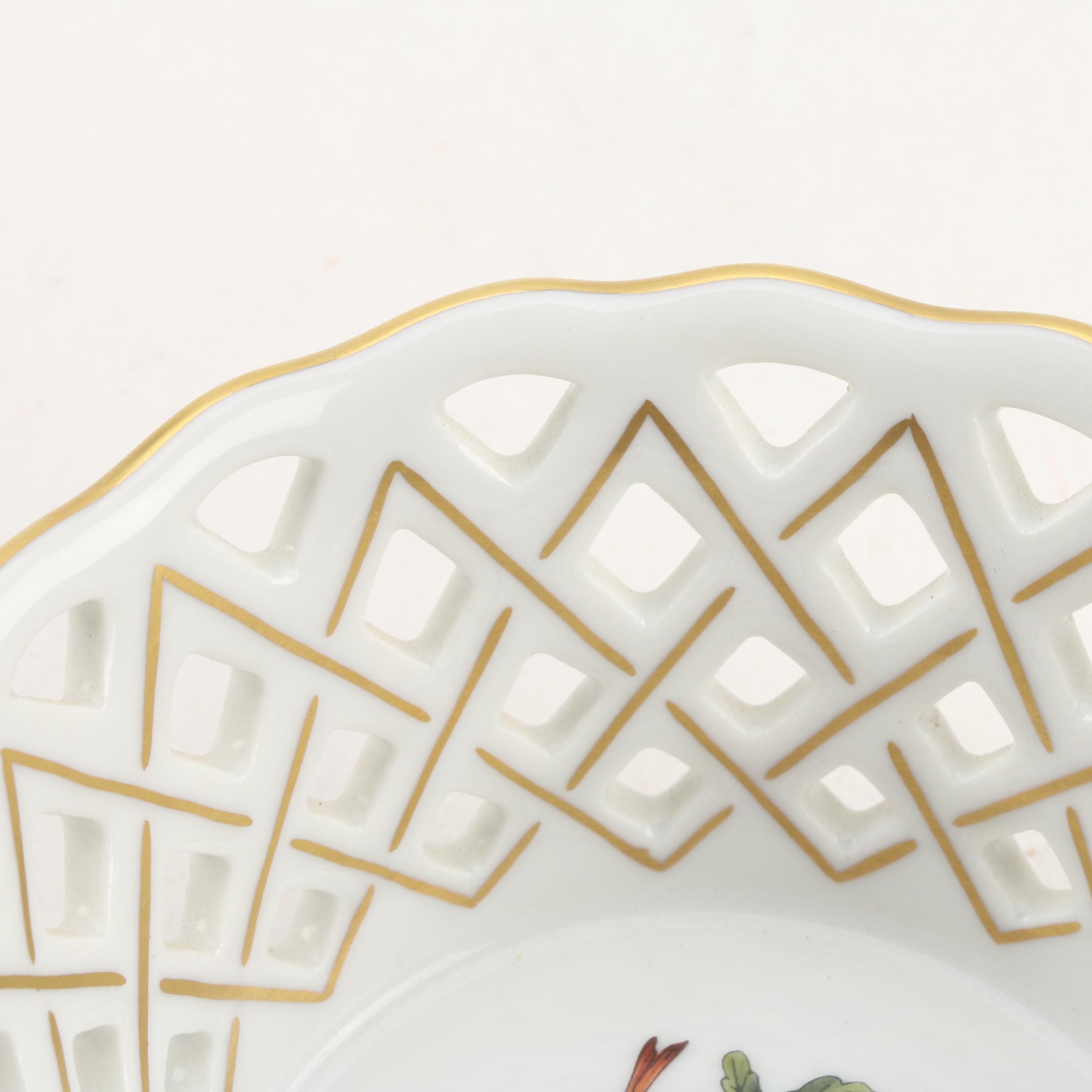 Herend "Rothschild Bird" Porcelain Round Open Weave Basket with Handles