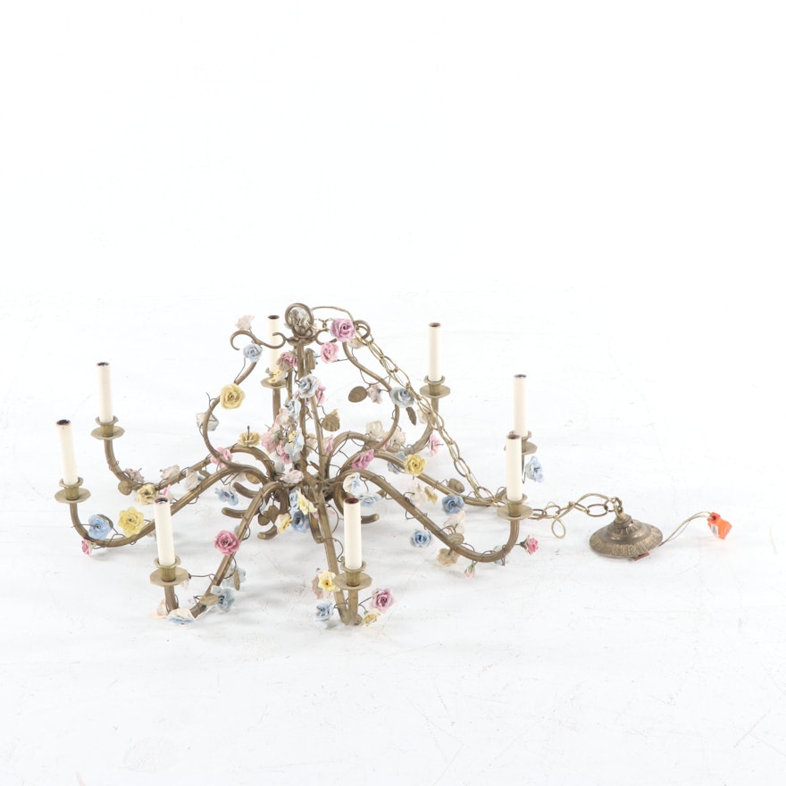 Brass and Porcelain Flower Eight-Light Chandelier, Early to Mid 20th Century