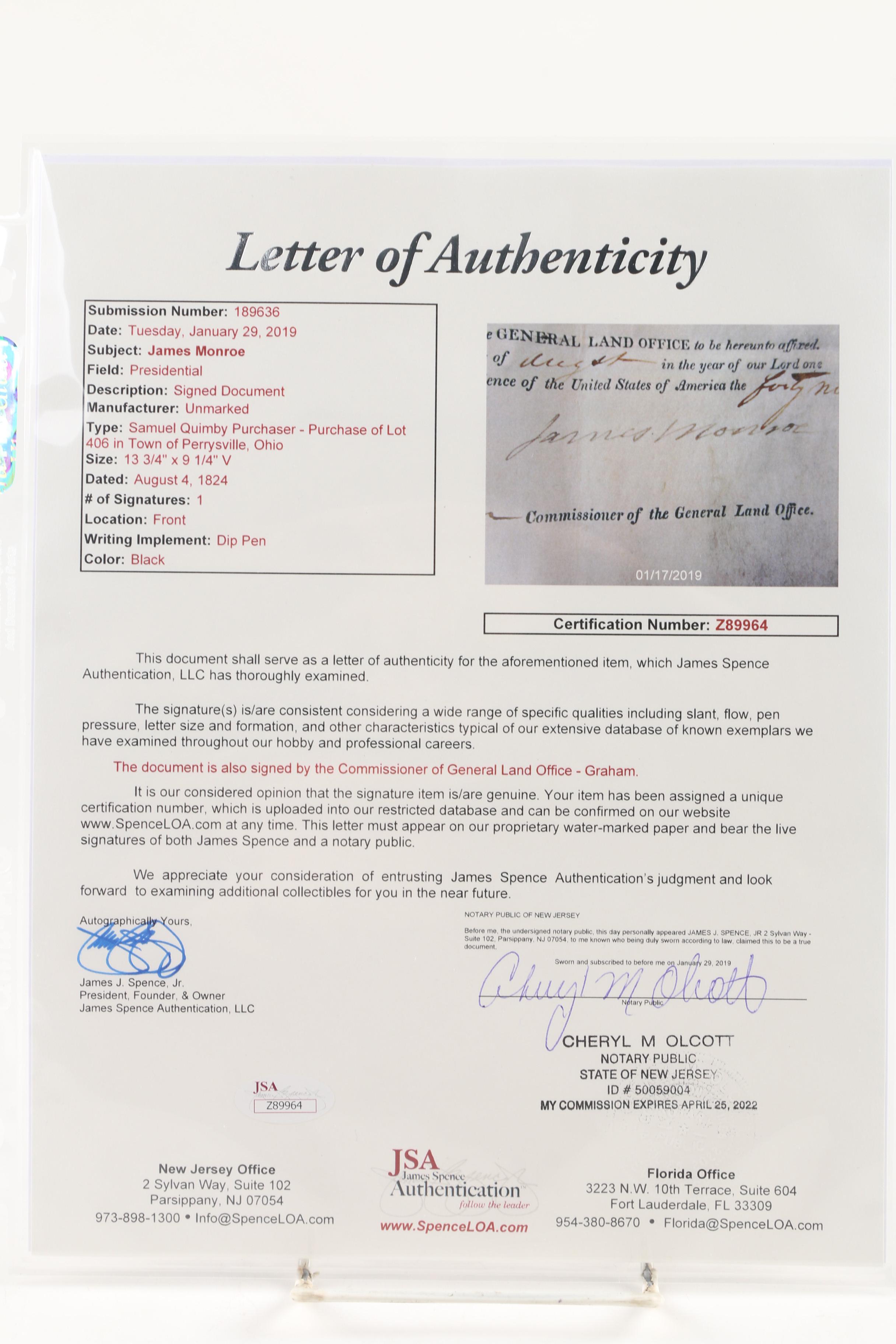 Presidents Monroe, Quincy Adams, Jackson & Van Buren Signed Documents