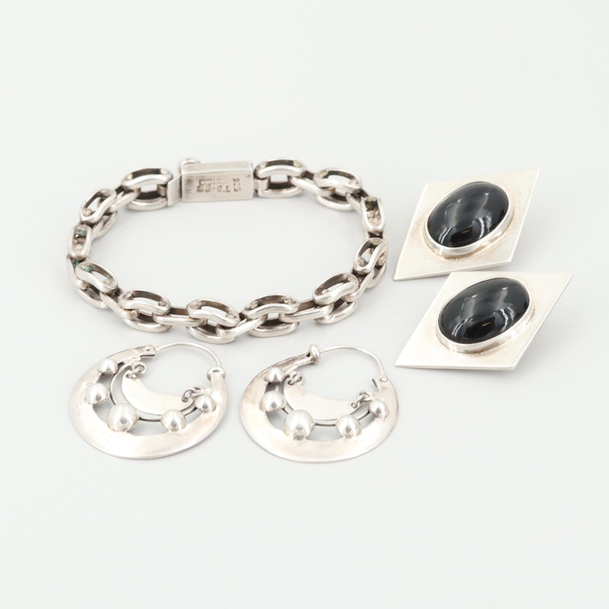 Sterling Silver Earrings and Bracelet Including Taxco and Onyx