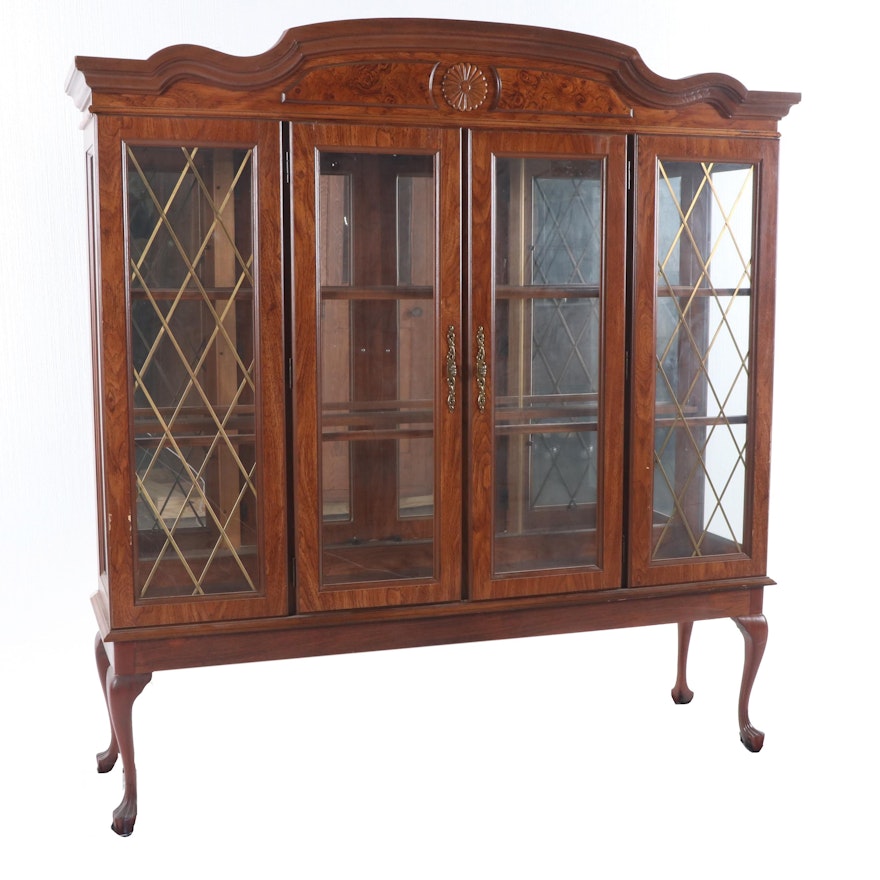 Queen Anne Style Mixed Wood China Cabinet, Late 20th Century