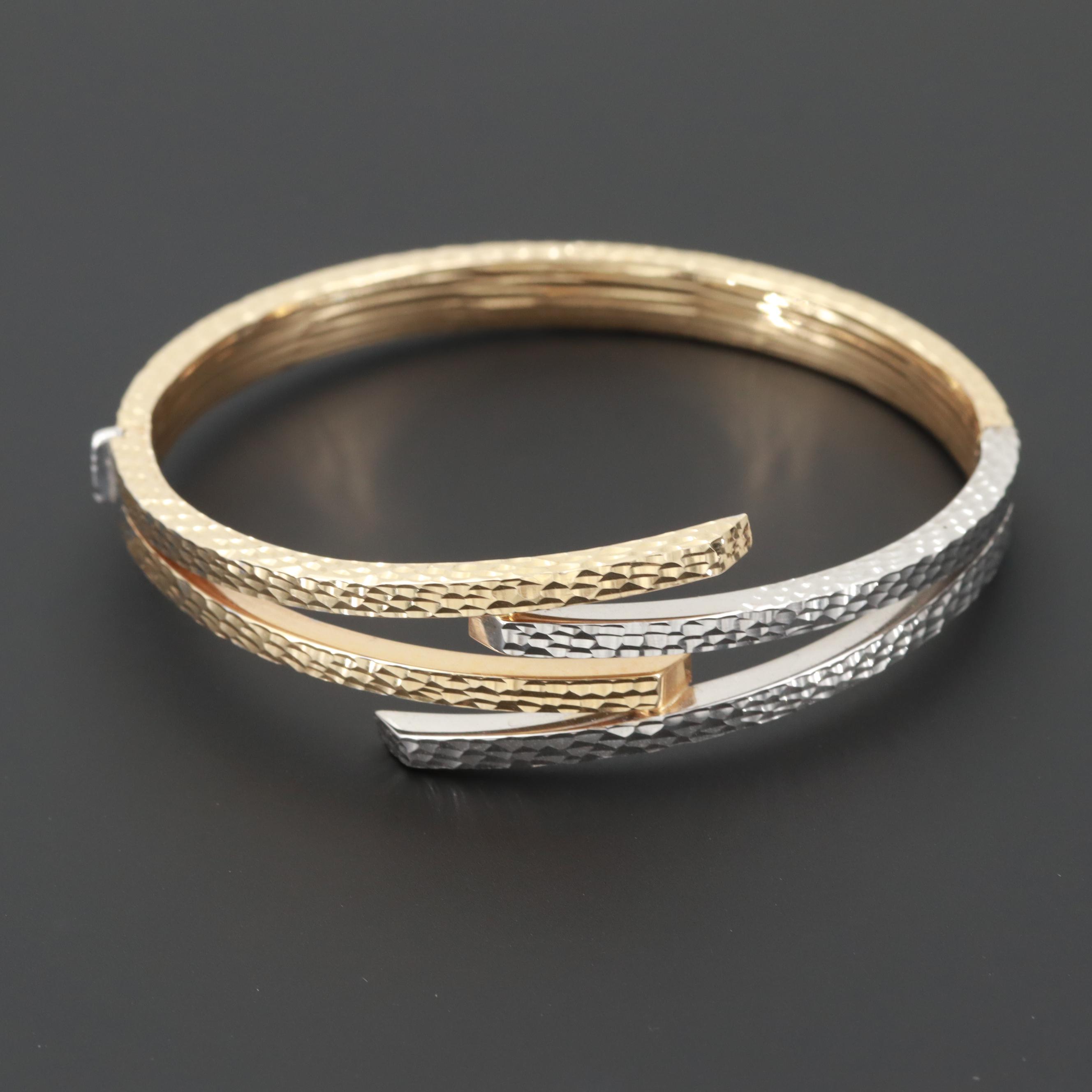 14K Yellow and White Gold Diamond Cut Hinged Bracelet