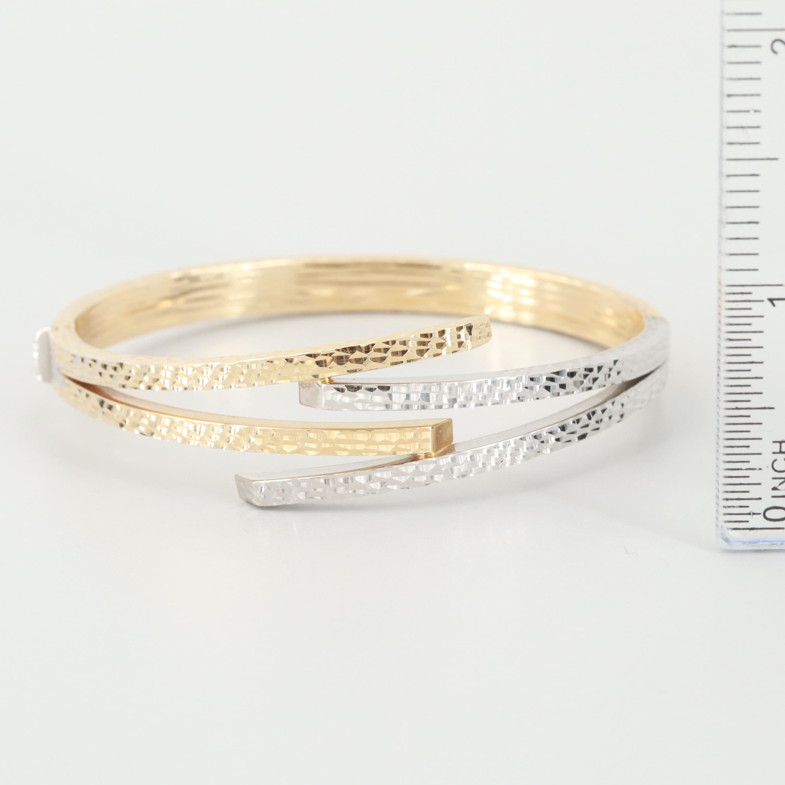 14K Yellow and White Gold Diamond Cut Hinged Bracelet