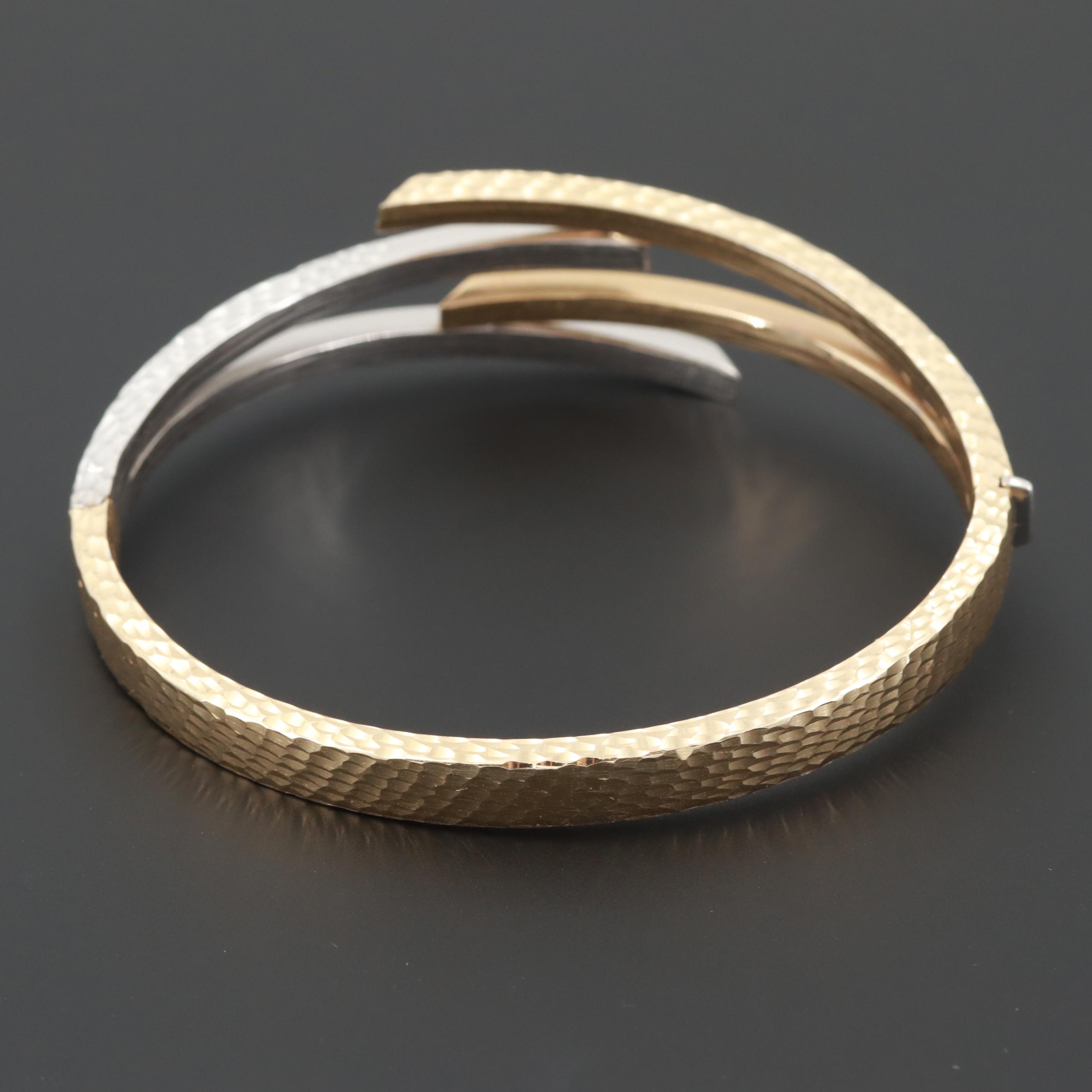 14K Yellow and White Gold Diamond Cut Hinged Bracelet