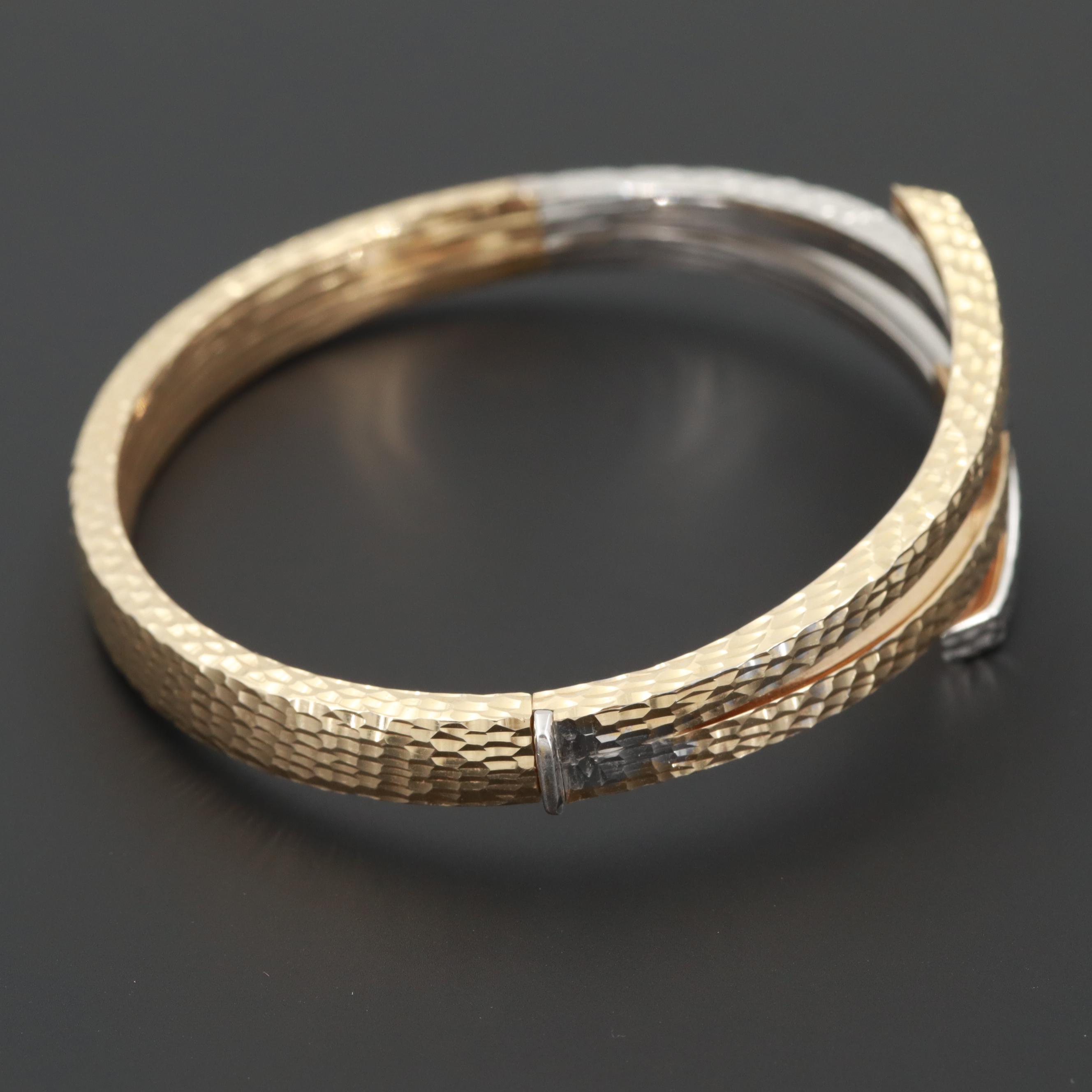 14K Yellow and White Gold Diamond Cut Hinged Bracelet