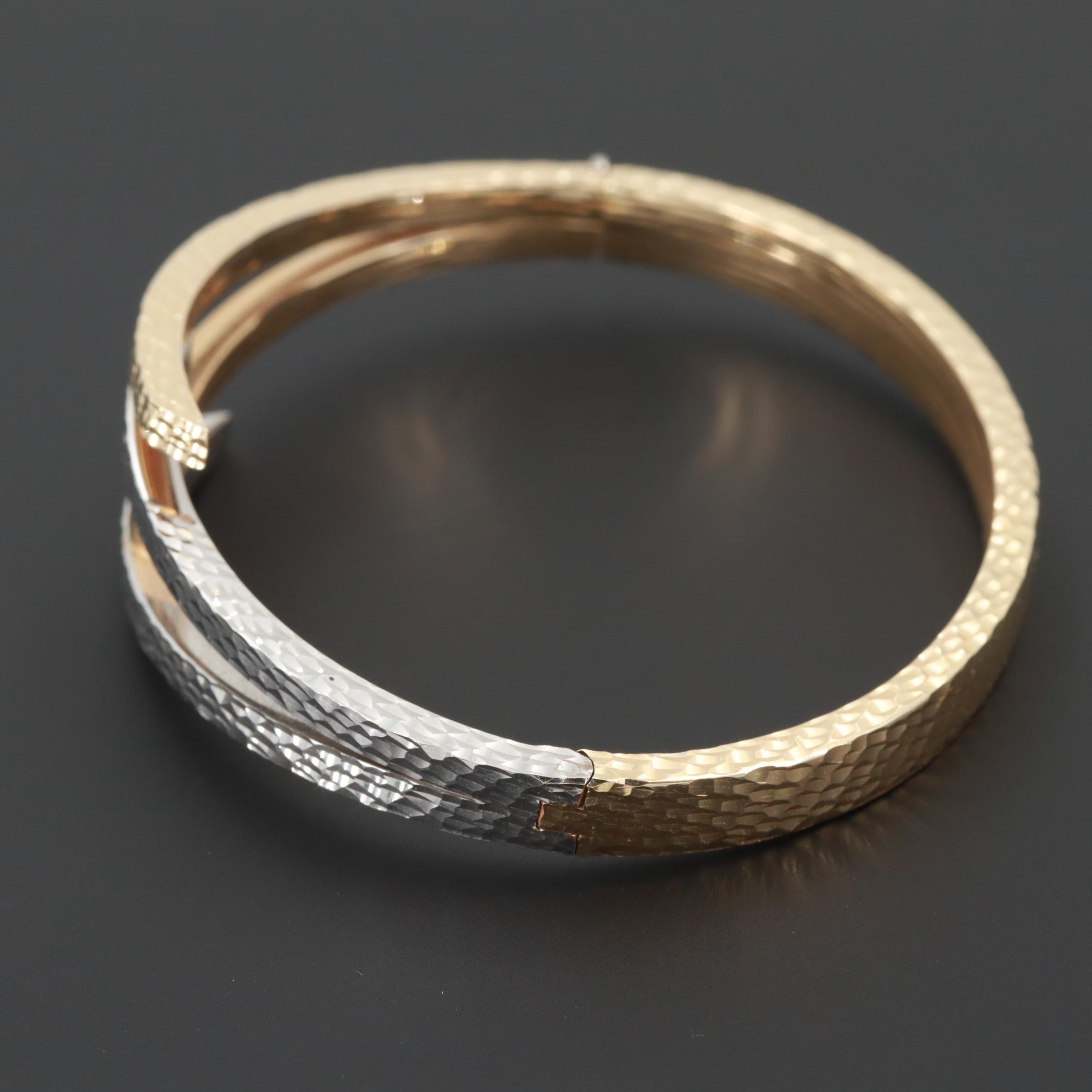 14K Yellow and White Gold Diamond Cut Hinged Bracelet