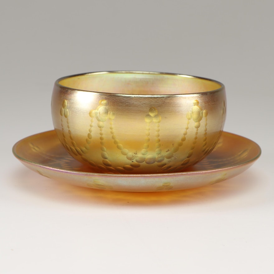 Tiffany Studios Favrile "Gold Lustre" Glass Bowl and Plate, circa 1900