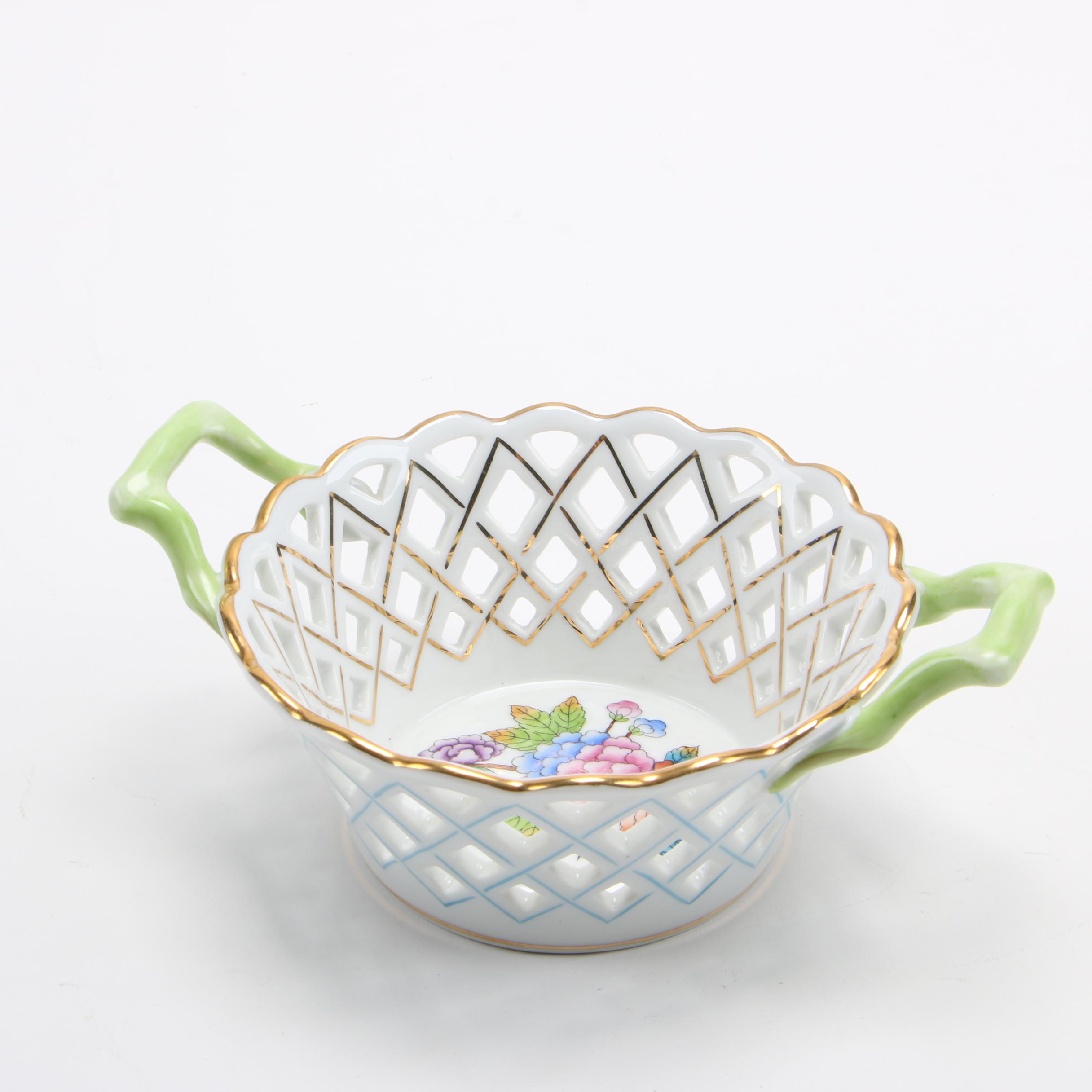 Herend "Queen Victoria" Porcelain Handled Open Weave Basket