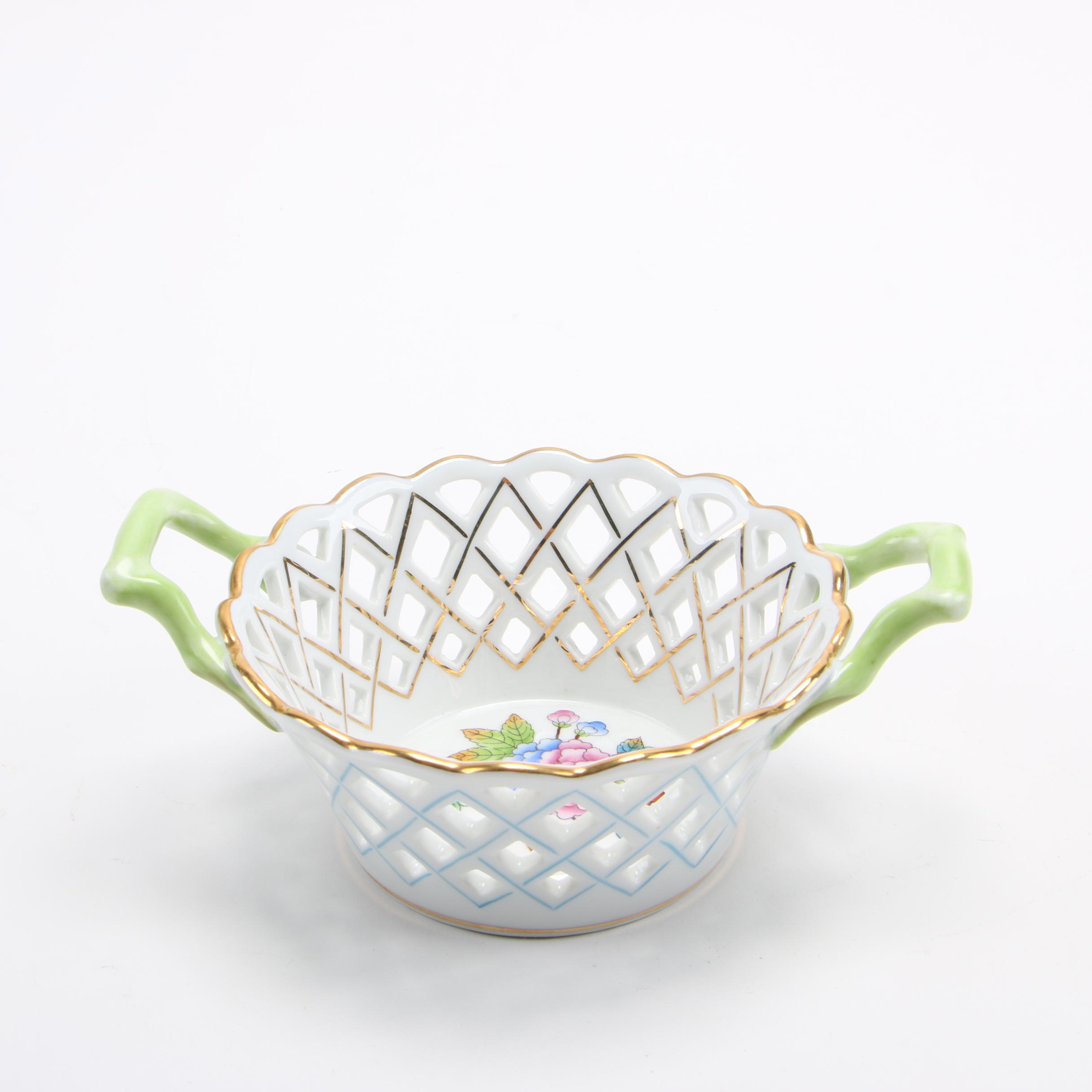Herend "Queen Victoria" Porcelain Handled Open Weave Basket