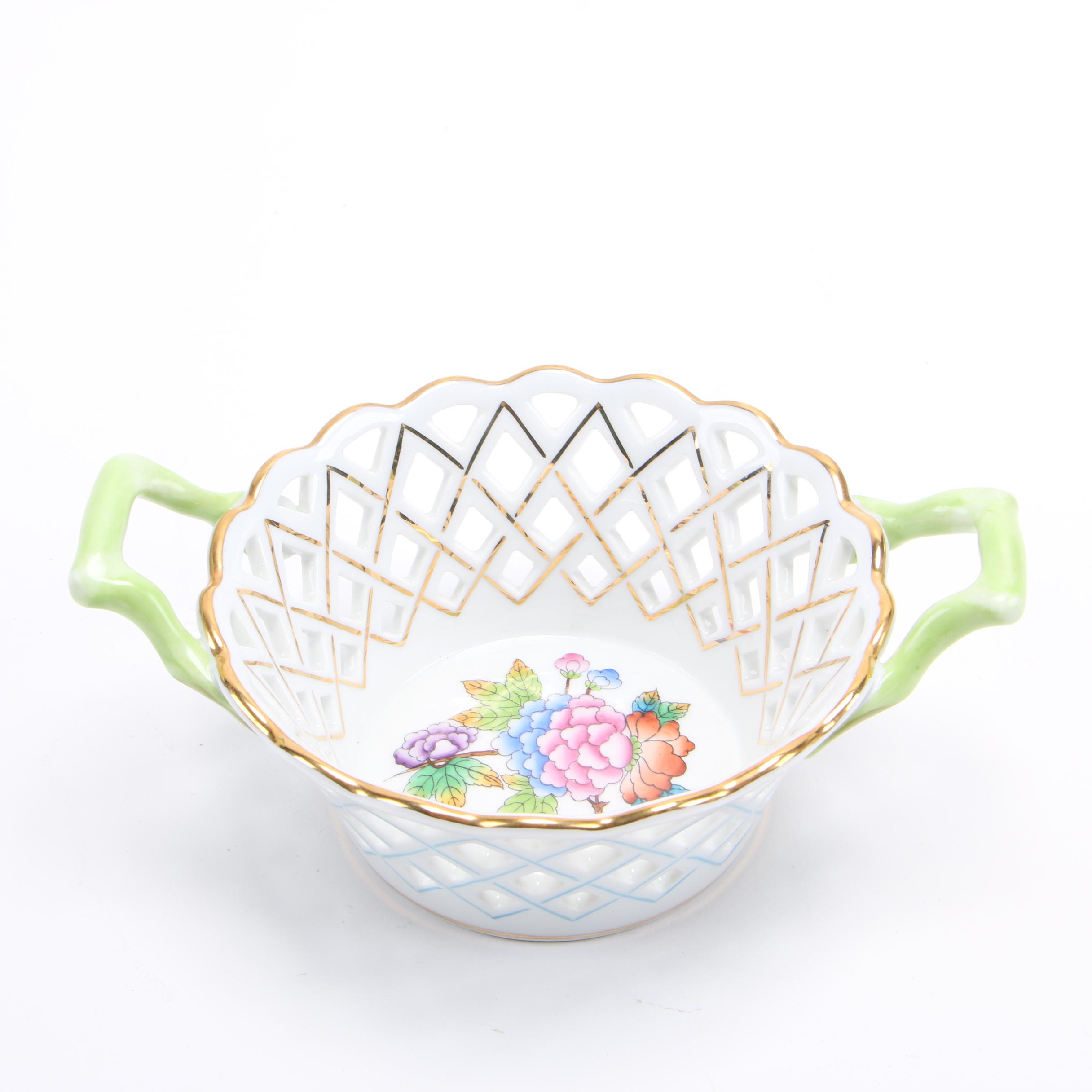 Herend "Queen Victoria" Porcelain Handled Open Weave Basket