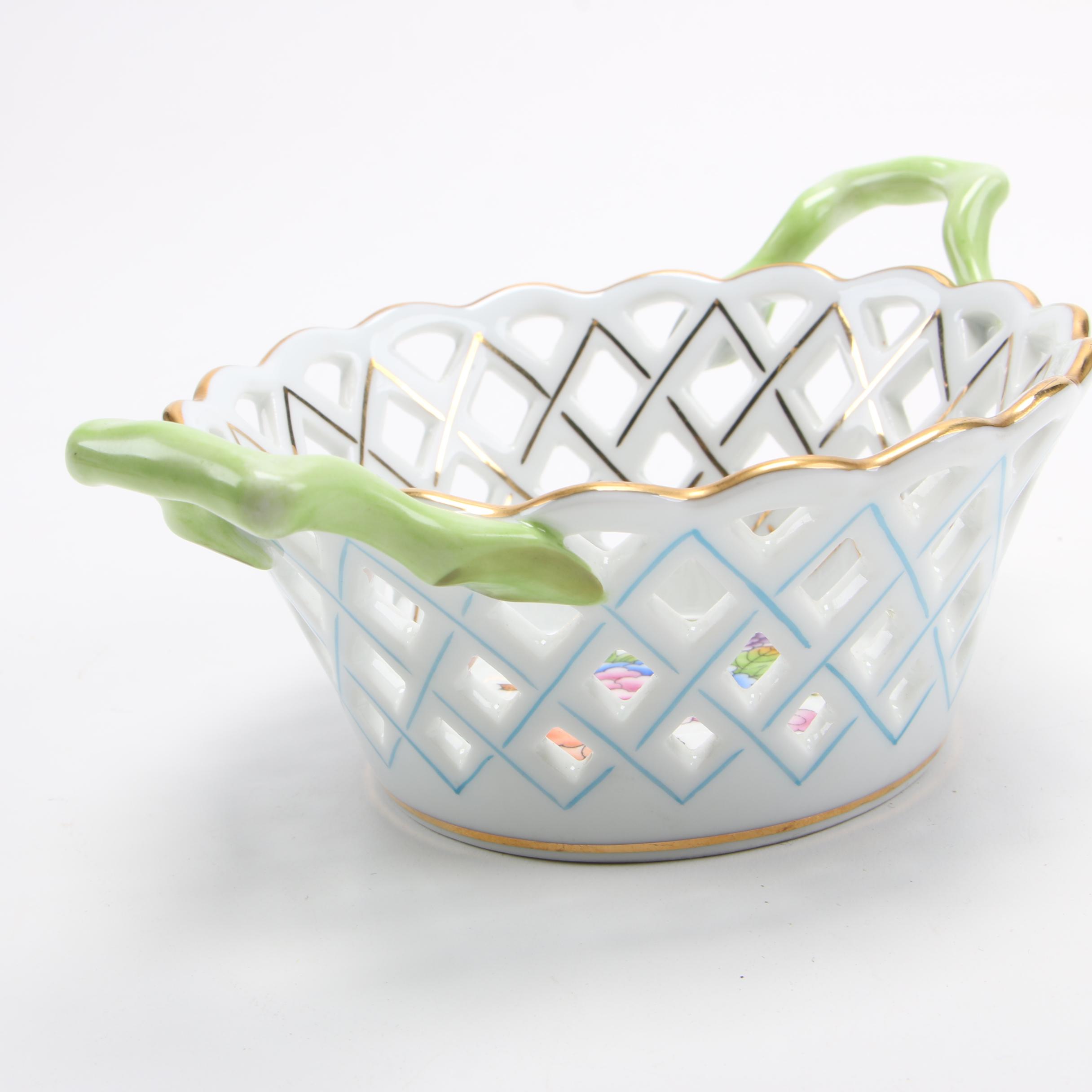 Herend "Queen Victoria" Porcelain Handled Open Weave Basket
