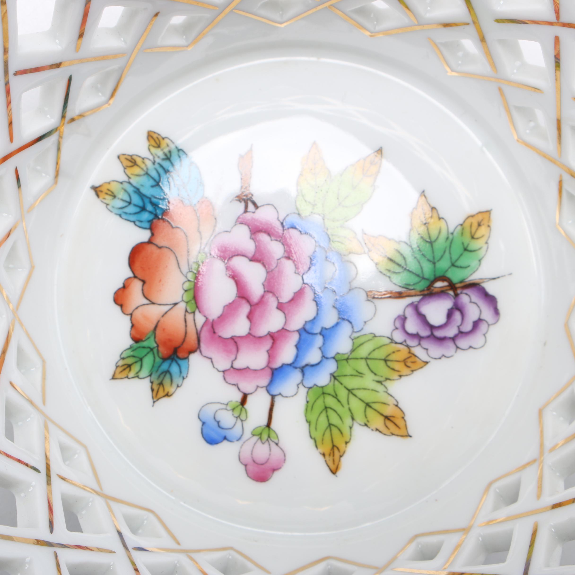 Herend "Queen Victoria" Porcelain Handled Open Weave Basket