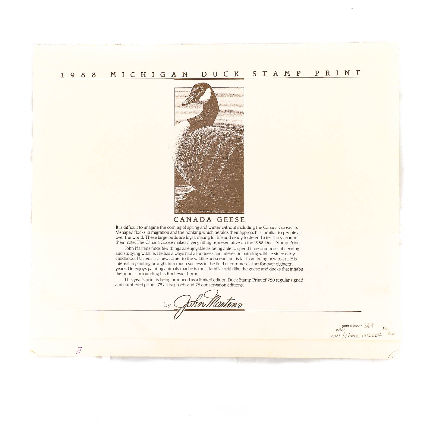 John Martens Michigan Geese Offset Lithograph and Stamp