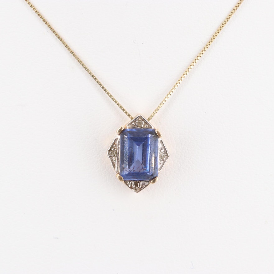 10K Yellow Gold Glass and Diamond Pendant Necklace