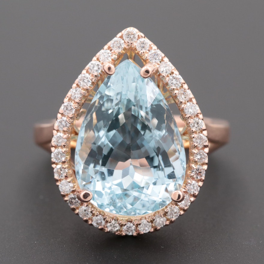 14K Rose Gold 9.00 CT Aquamarine and Diamond Halo Ring with Basket Setting