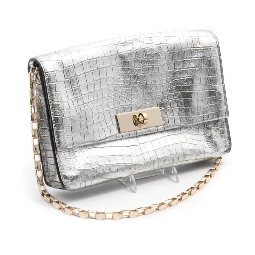 Kate Spade New York Metallic Silver Embossed Leather Handbag with Chain Strap