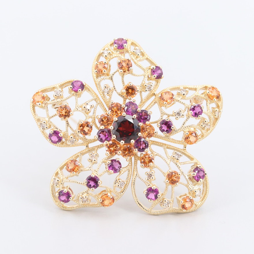 14K Yellow Gold Pyrope, Spessartine, Rhodolite and Diamond Converter Brooch