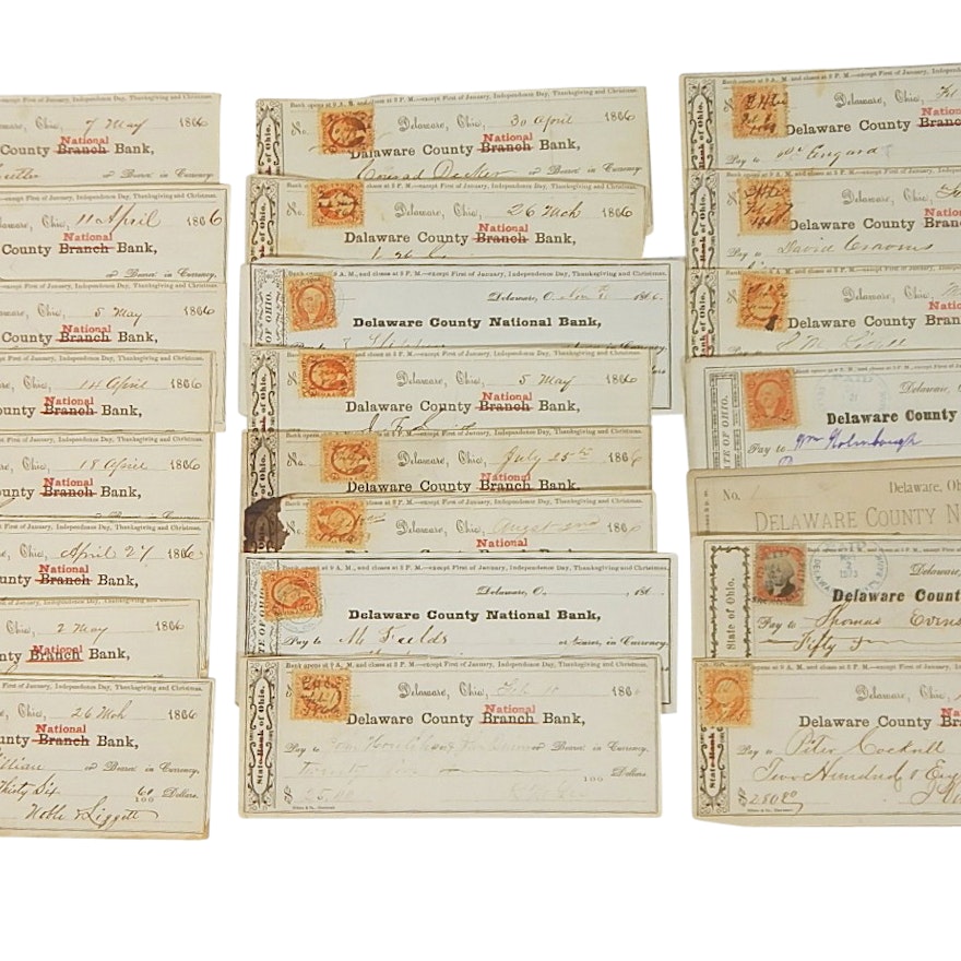 Over 20 Late-1800's Post Civil War Cancelled Checks with Revenue Stamps
