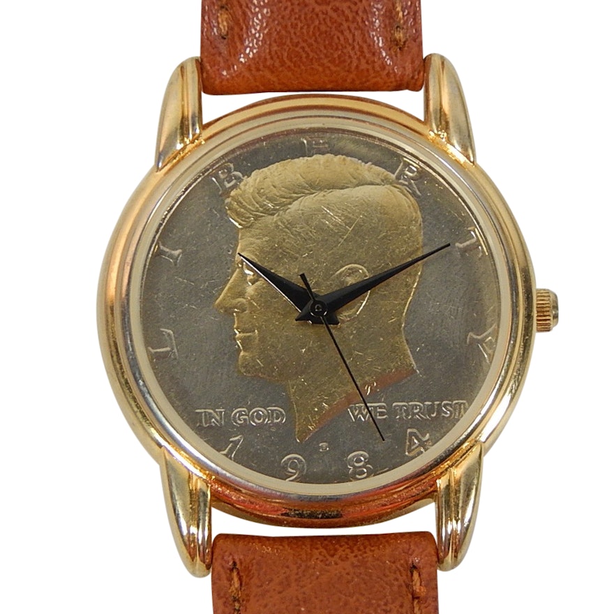 Claremont Gold-Tone John F. Kennedy Half Dollar Coin Wristwatch #26-196-12
