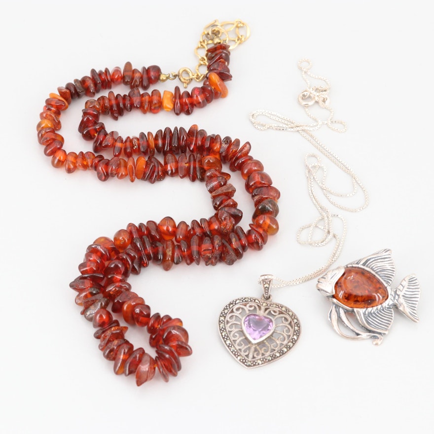 Sterling Silver Amber and Amethyst Necklace with Gold Tone Amber Brooch