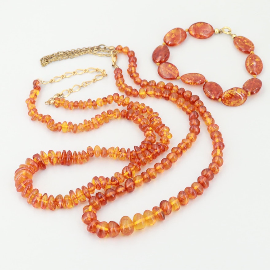 Gold Tone Amber Necklaces and Bracelet