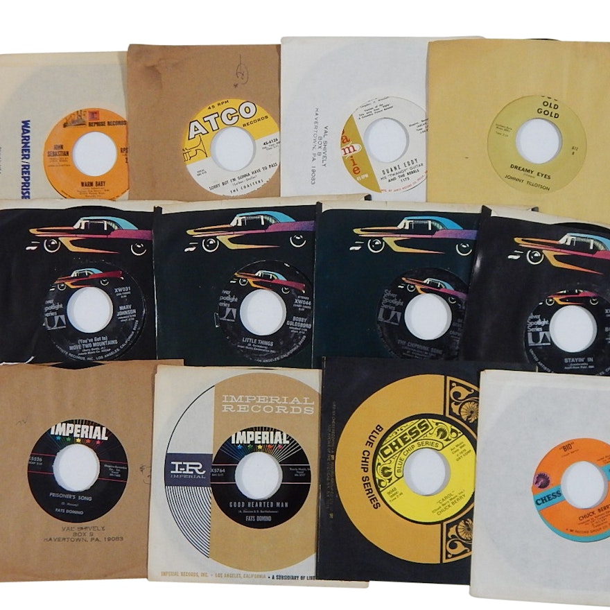 Collection of 1960s and 1970s 45 RPM Records with Country, Rock, Pop, and R&B