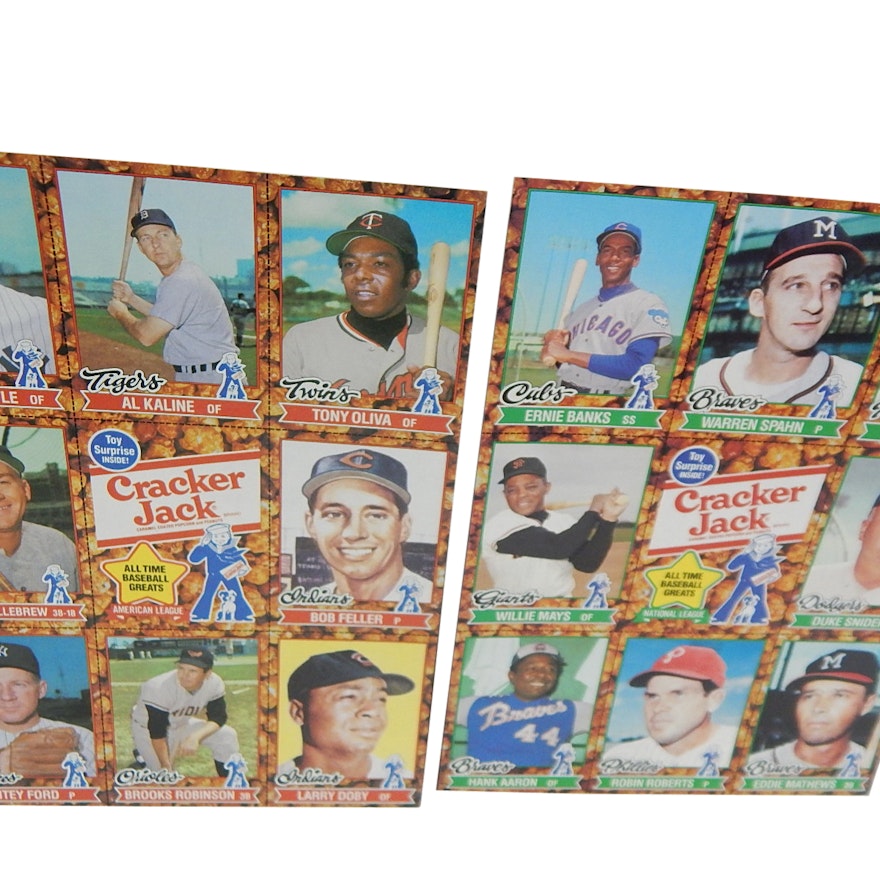 Two 1982 Uncut Cracker Jack Baseball Card Sheets with Mantle, Mays, Spahn, Banks