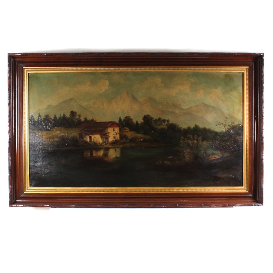 Antique Oil Painting of Lakeside Farmhouse