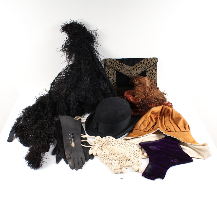 Fashion Accessories Including Bowler Hat and Ostrich Feathers, Vintage