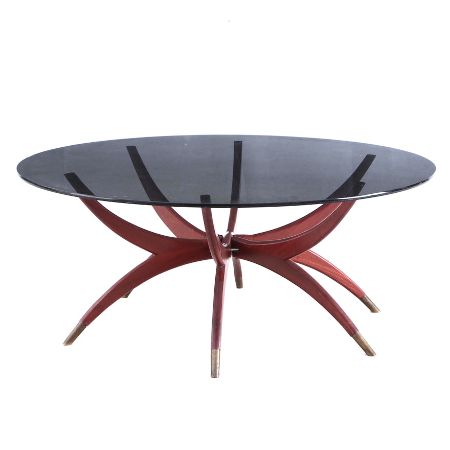 Mid Century Modern Smoke Glass Coffee Table with Folding Wood Base