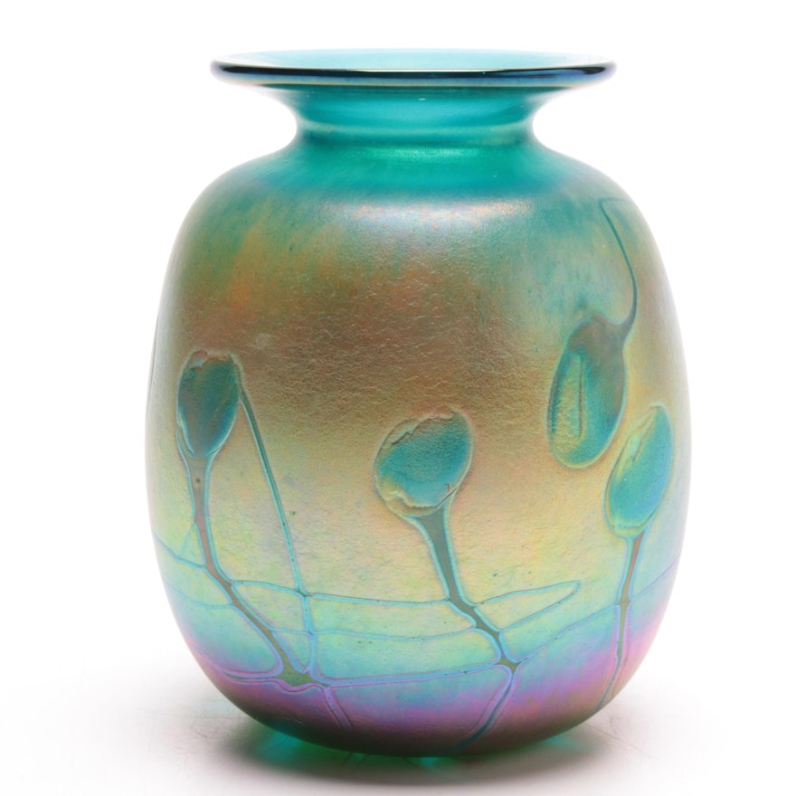 Iridescent Art Glass Vase with Tadpole Design Signed by Artist from 1999