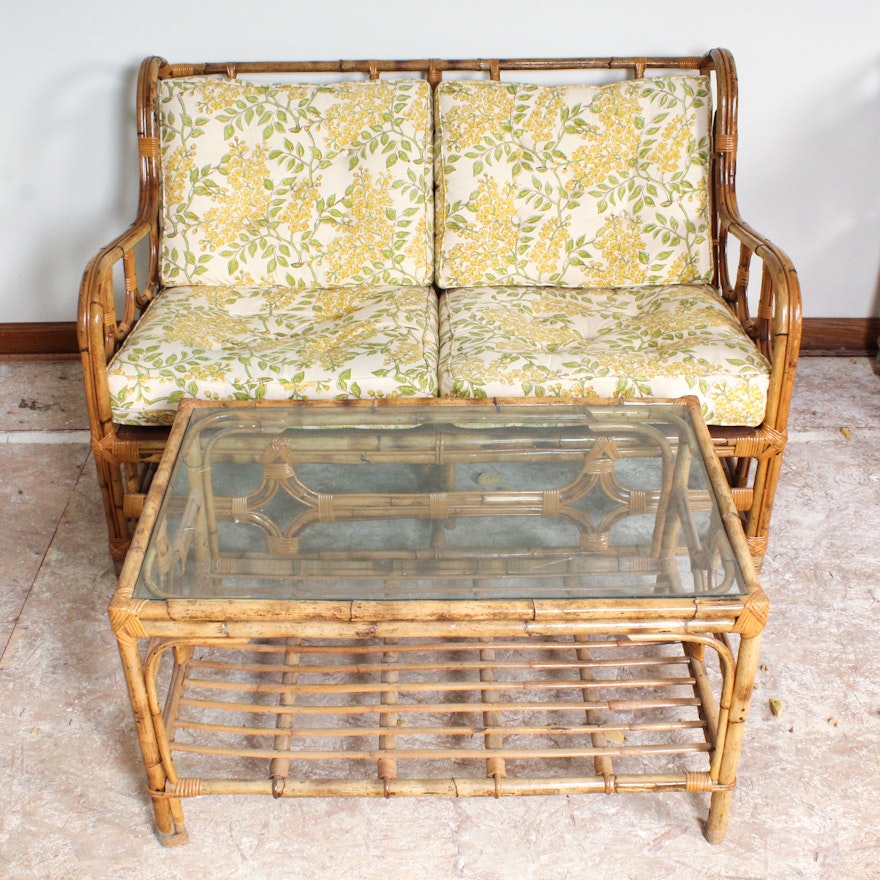 Rattan Love Seat with Glass Top Coffee Table