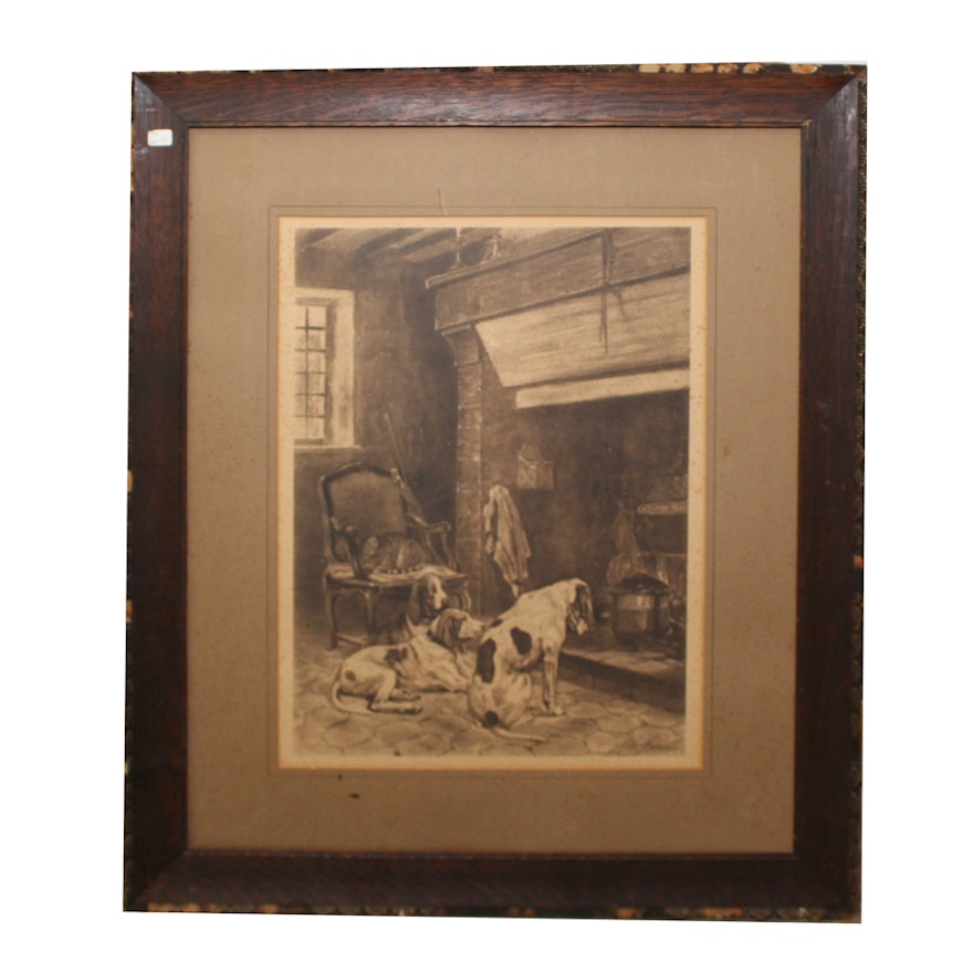 Print of Dogs and Cat Around Fireplace
