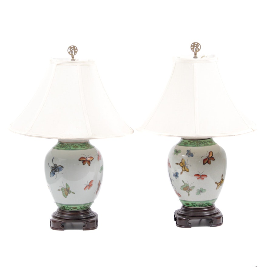 Chinese Butterfly Motif Porcelain Table Lamps