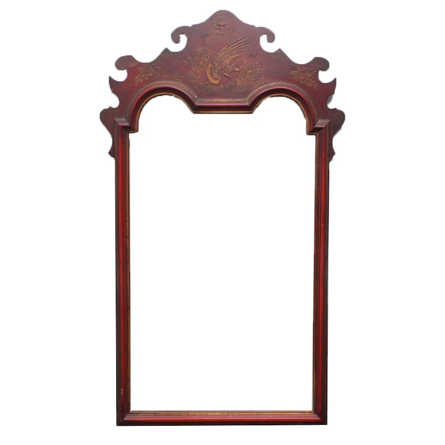 Red Lacquered Chinoiserie Wall Mirror, Mid-Century