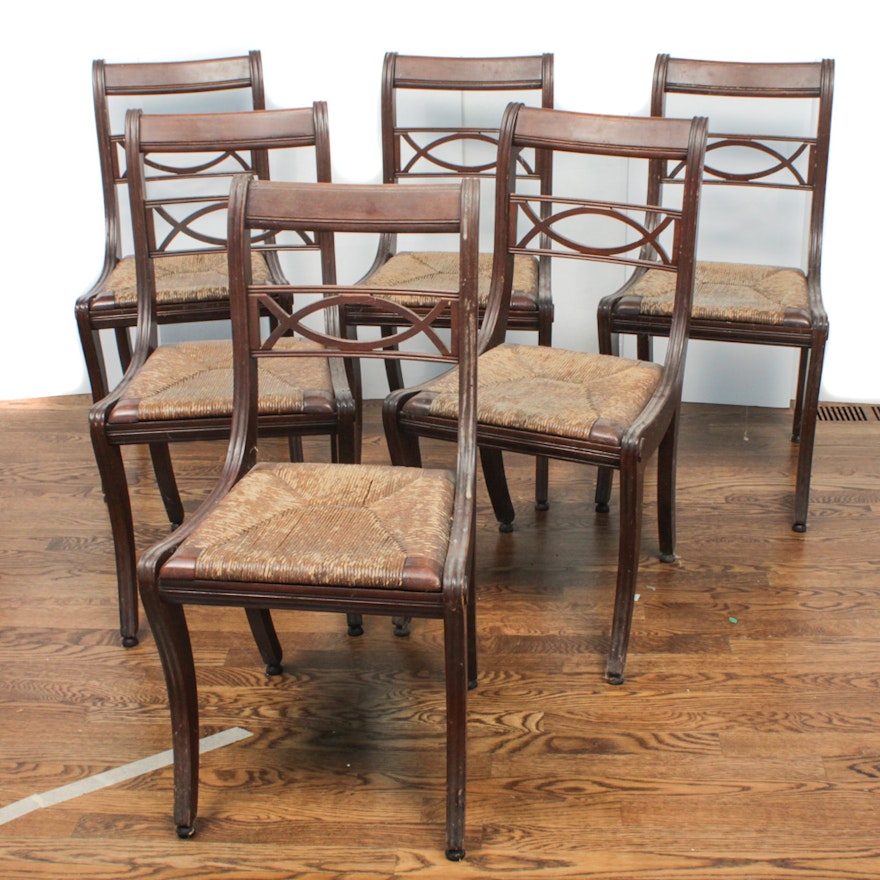 Six Sleigh Back Caned Seat Dining Chairs, Early 20th Century