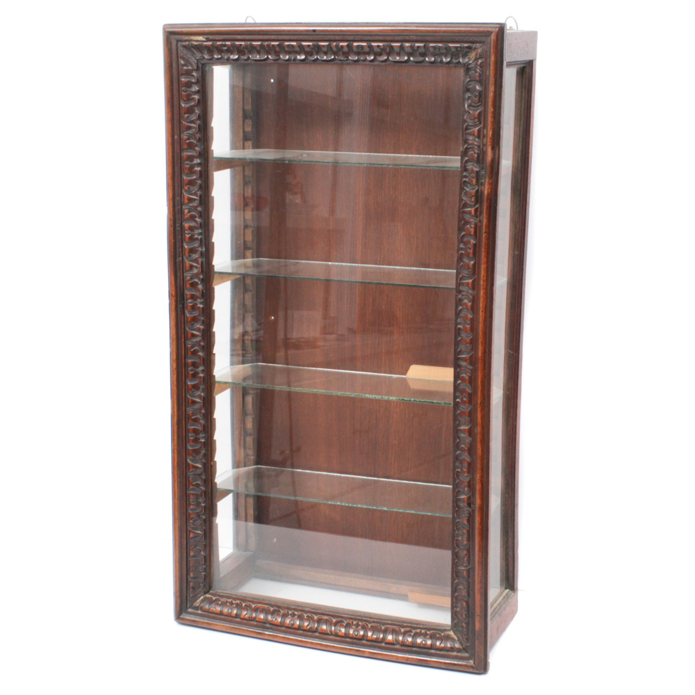 Carved Wood Framed Glass Wall Hanging Display Case, Vintage