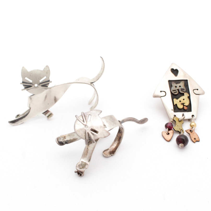 Sterling Silver Cat Motif Brooches Including Far Fetched