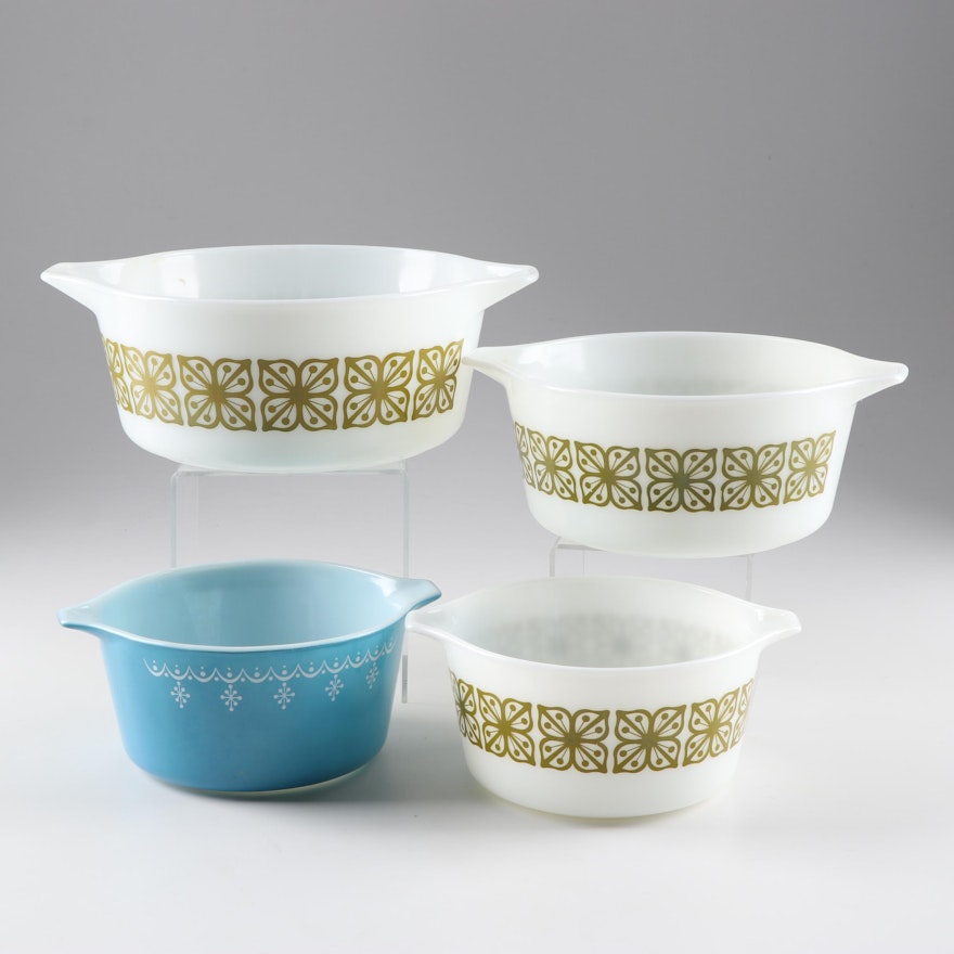 Pyrex "Square Flowers" and "Snowflake" Bowls, Mid-20th Century
