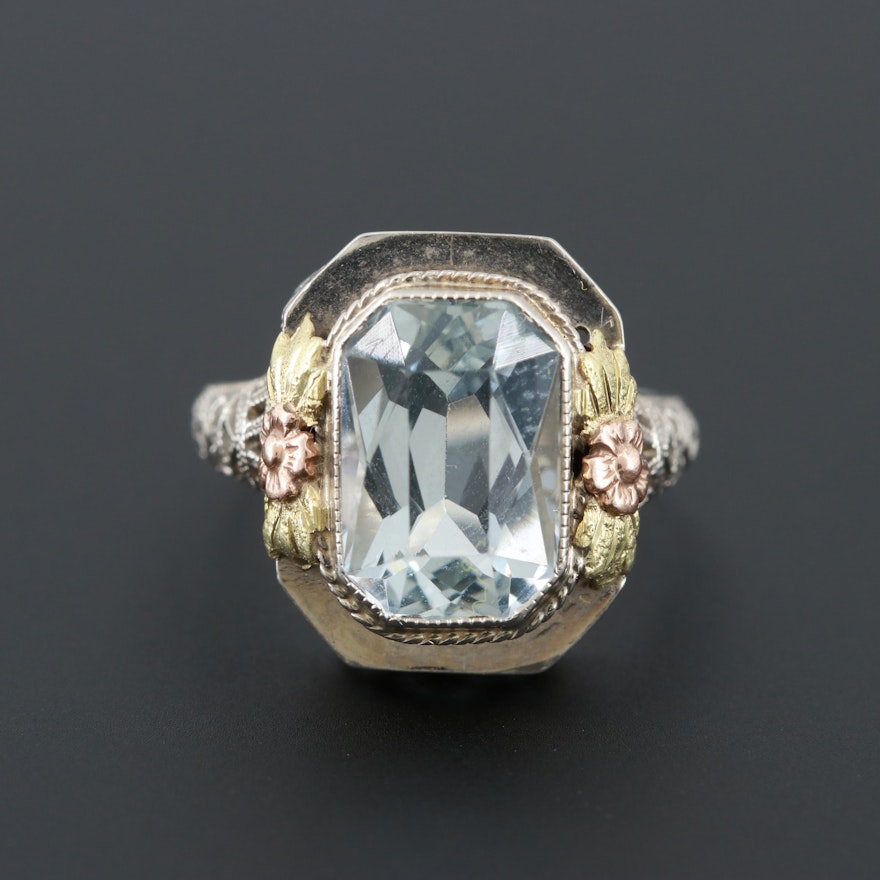 Art Deco 14K White Gold Aquamarine Ring with Rose and Yellow Gold Accents