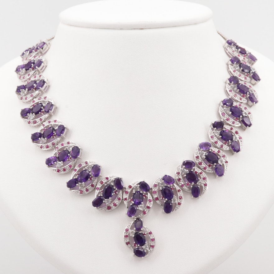 Sterling Silver Amethyst, Ruby, and Topaz Necklace