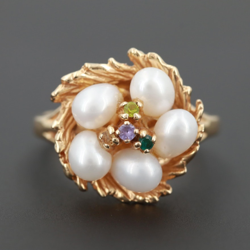 14K Yellow Gold Cultured Pearl Ring with Emerald, Citrine, Amethyst and Peridot