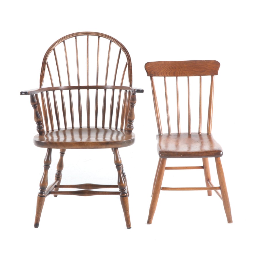 Windsor Style Armchair and Side Chair, Mid-20th Century